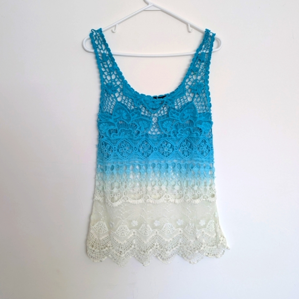 Blue ombre Cotton Crochet Sheer Top